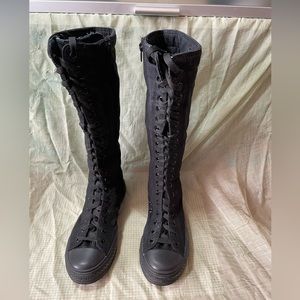 Yuanbu Black Canvas Tall Lace Up Boots 7.5